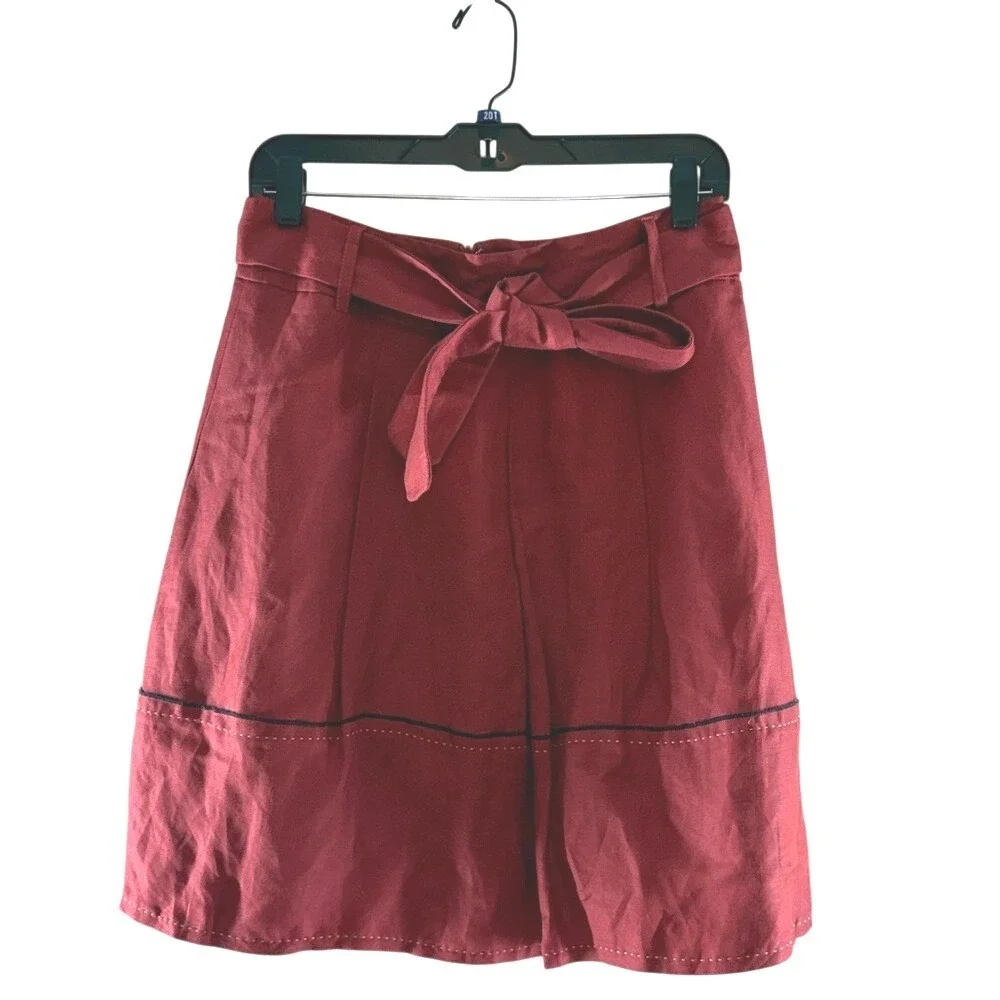 NWT Sandra Angelozzi Red Rust Linen Blend A-Line Midi Skirt w/ Belt Sz 4 US EU34